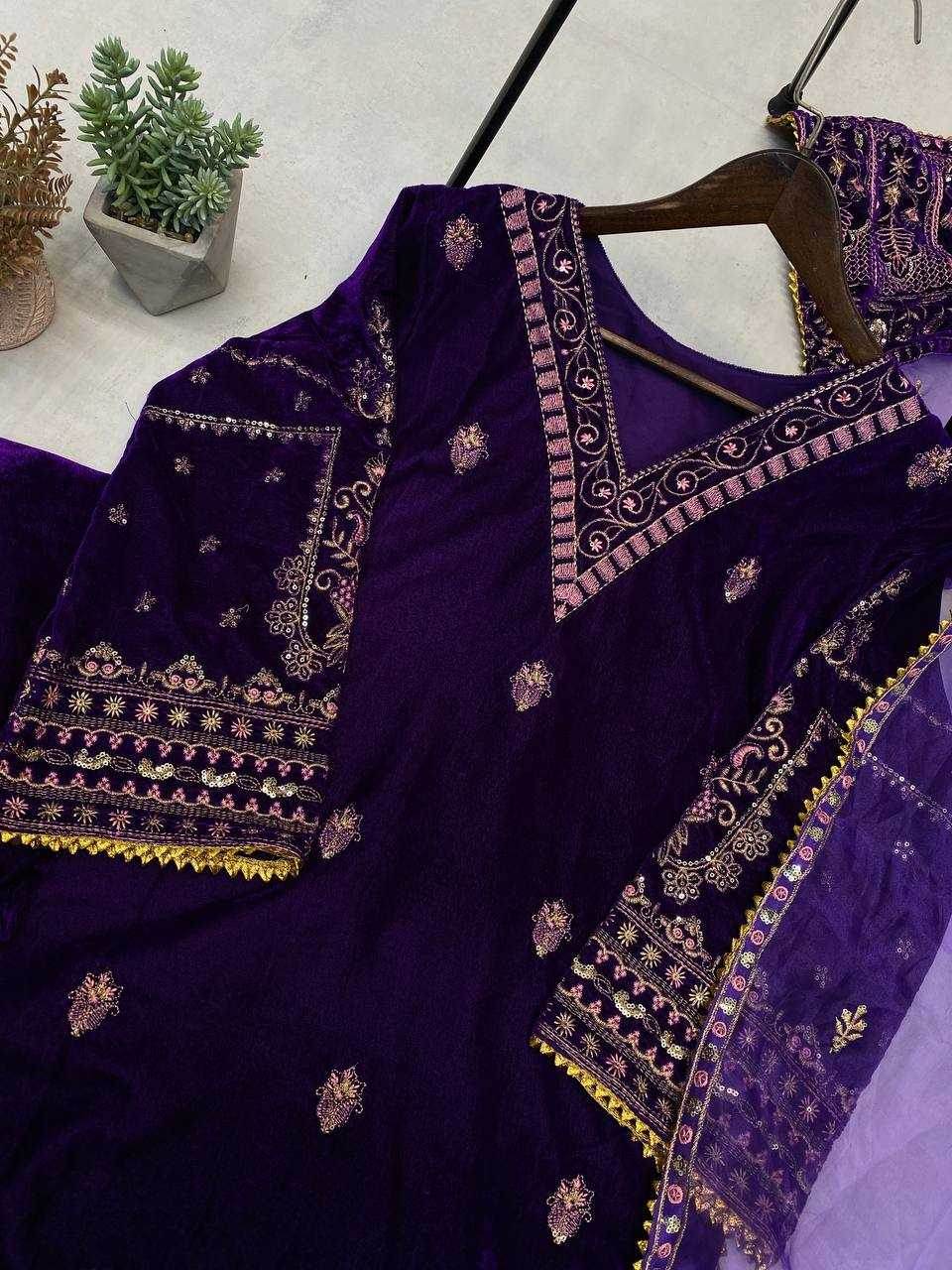 BLUE EMBROIDERED PARTY WEAR VELVET SUIT - MYLUXURY LANE ENTERPRISE